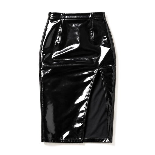 Black patent faux leather high-waisted pencil midi skirt with side slit, front view, white background