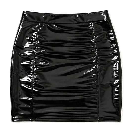 Black shiny faux leather high-waisted ruched mini skirt, front view, white background