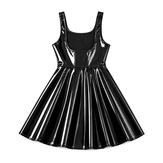 Black shiny faux leather pleated pinafore mini dress, front view, white background
