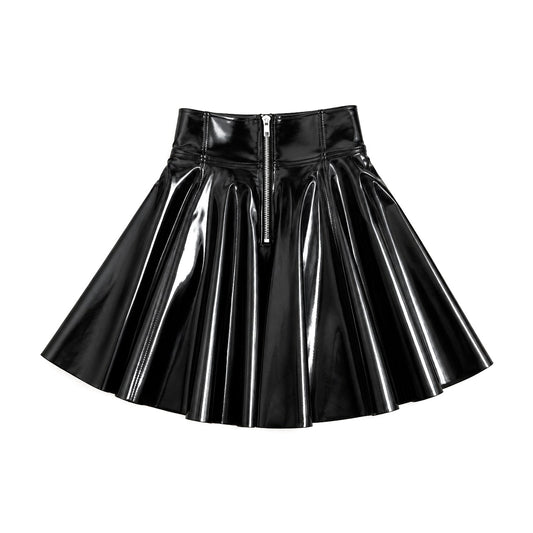 Black shiny faux leather A-line pleated mini skirt with back zip, front view, white background