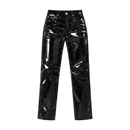 Black shiny faux leather high-waisted straight-leg ankle pants, front view, white background