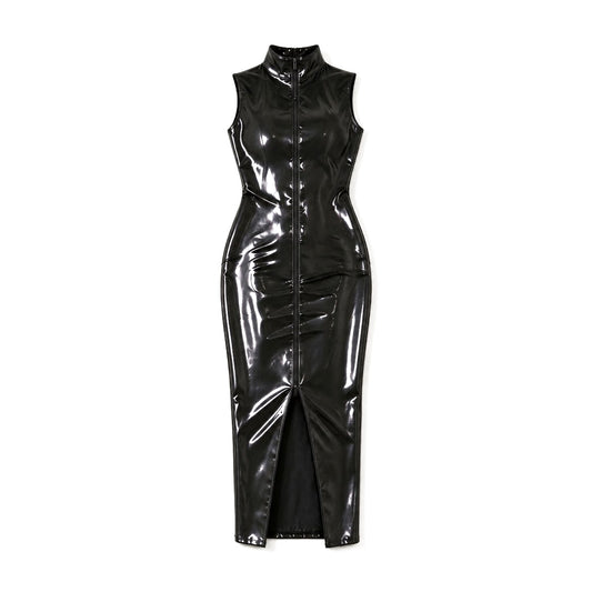 Black patent faux leather mock-neck sleeveless maxi dress with full zip, front view, white background