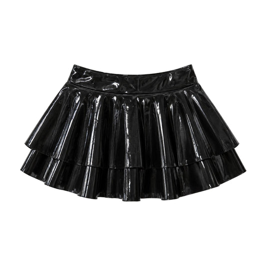 Black patent faux leather tiered double-layer pleated mini skirt, front view, white background