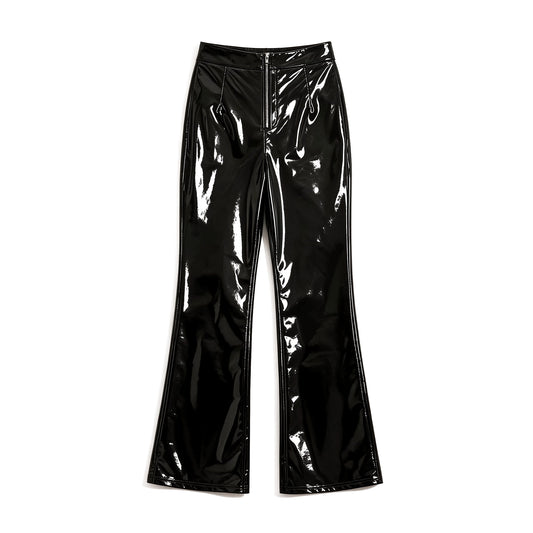 Black patent faux leather high-waisted flare pants with exposed front zip, front view, white background