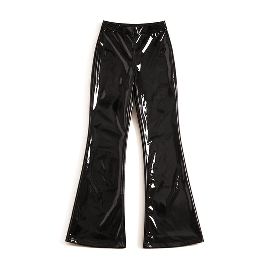 Black patent faux leather high-waisted wide-leg flare pants, front view, white background