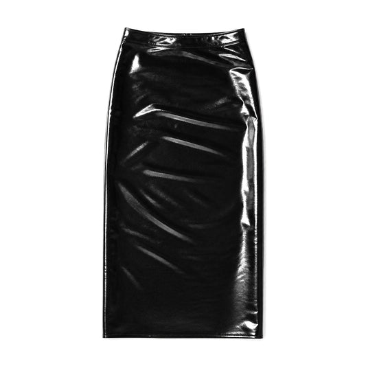Black patent faux leather high-waisted fishtail maxi skirt with side slit, front view, white background