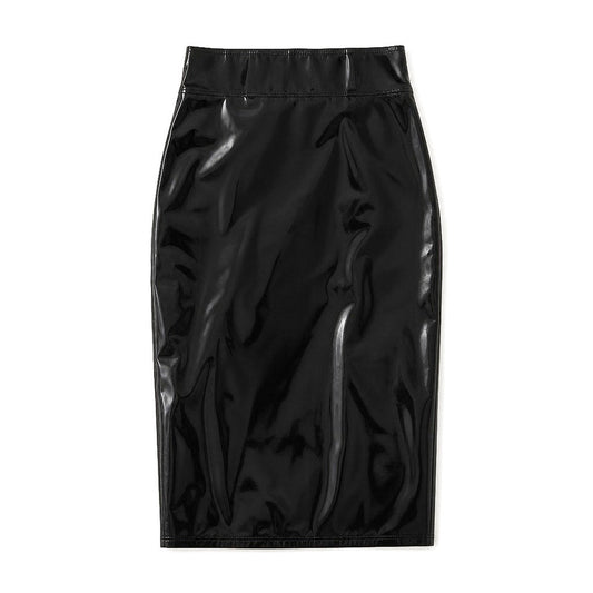 Black patent faux leather high-waisted pencil midi skirt with full back zip, front view, white background