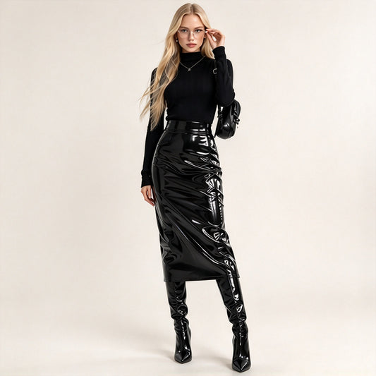 Model wearing black patent faux leather high-waisted pencil midi skirt with full back zip