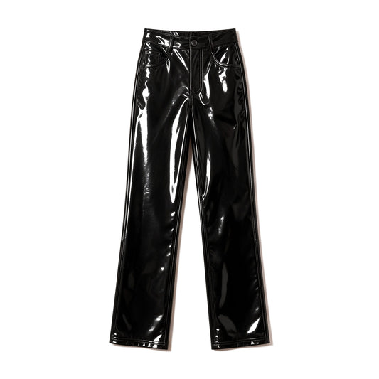 Black patent faux leather high-waisted straight-leg pants with flare hem, front view, white background