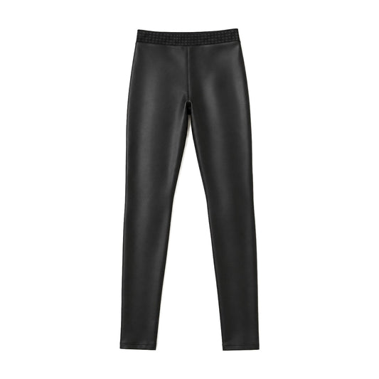 Black shiny faux leather high-waisted stretch leggings, front view, white background