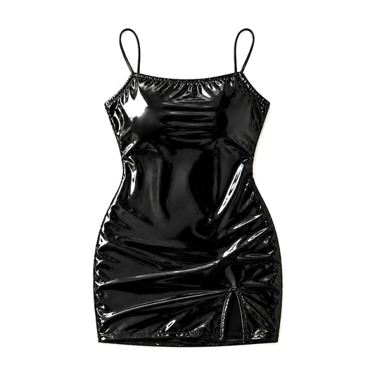 Plus size black shiny faux leather cami mini dress with high slit, front view, white background