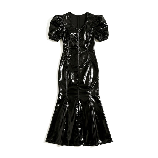 Black patent faux leather puff-sleeve mermaid maxi dress, front view, white background