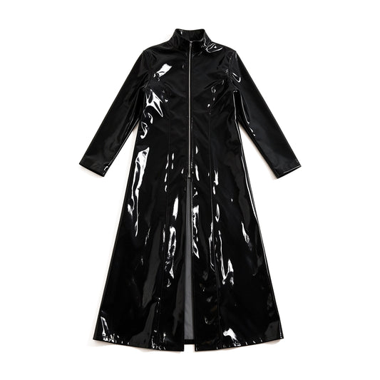Black patent faux leather stand-collar long trench coat with full front zip, front view, white background