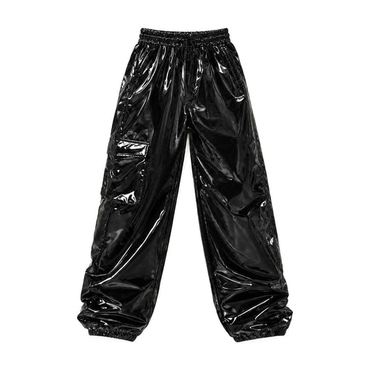 Black wet-look faux leather high-waisted cargo joggers, front view, white background